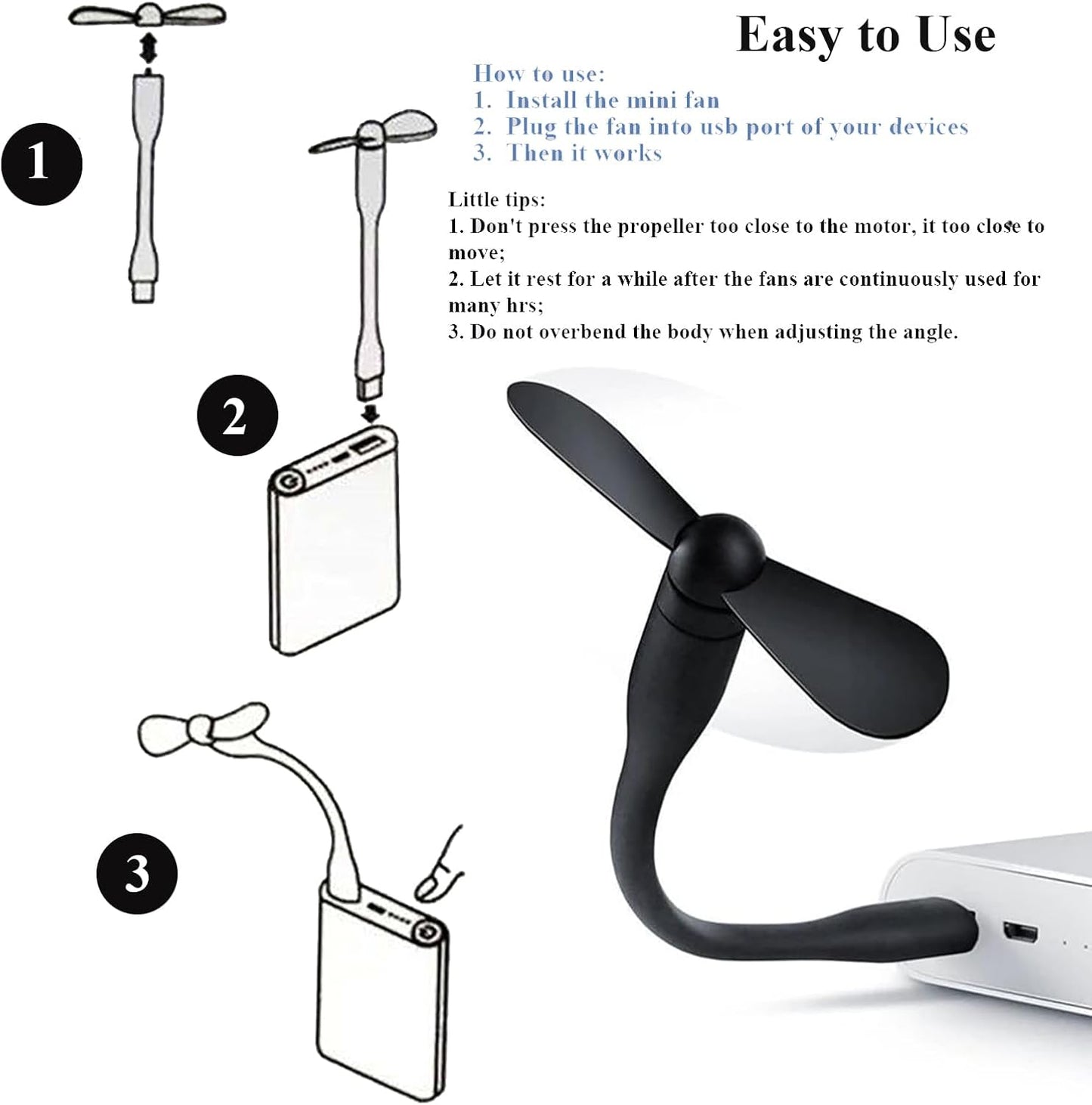 Mini USB Fan, Portable Pocket Fan USB-A Powered Little Cooler, Quiet Operation, for Home Office Car Outdoor Travel- 4 Pack (Black)