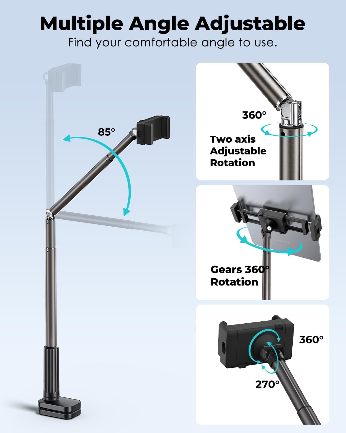 Viozon Tablet Holder Stand, Phone/Kindle Holder with Flexible Aluminum Alloy Long Arm, C Clamp for Headboard Bedside&Table, Compatible with 3.5-11" iPad,Kindle, iPhone 15 14 Plus/Pro Max,B