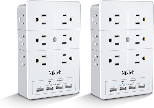 Surge Protector Nikleb 2-Pack, Multi Outlet Plug with 4 USB, Wall Charger Box Multiports Total 4.8A, Electrical Outlet Splitter, Plugs for Outlets Wall Mount, USB Power Adapter Low Profile