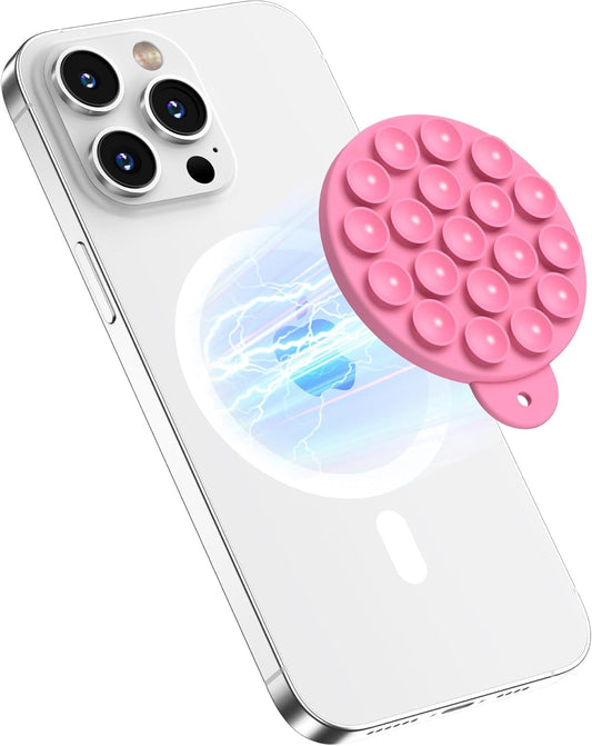 Magnetic Suction Cup Phone Mount for MagSafe Case, Silicone Hands-Free Phone Grip Holder for iPhone and Android, Mirror Shower Phone Stand for Makeup FaceTime Gym Kitchen Bathroom, Tender Pink