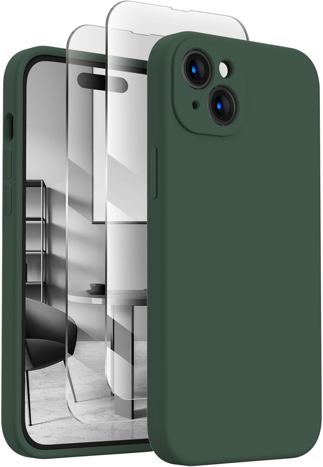 FireNova Designed for iPhone 15 Plus Case, Silicone [Camera Protection] Case with [2 Screen Protectors], Soft Anti-Scratch Microfiber Lining Inside, 6.7 inch, Alpine Green