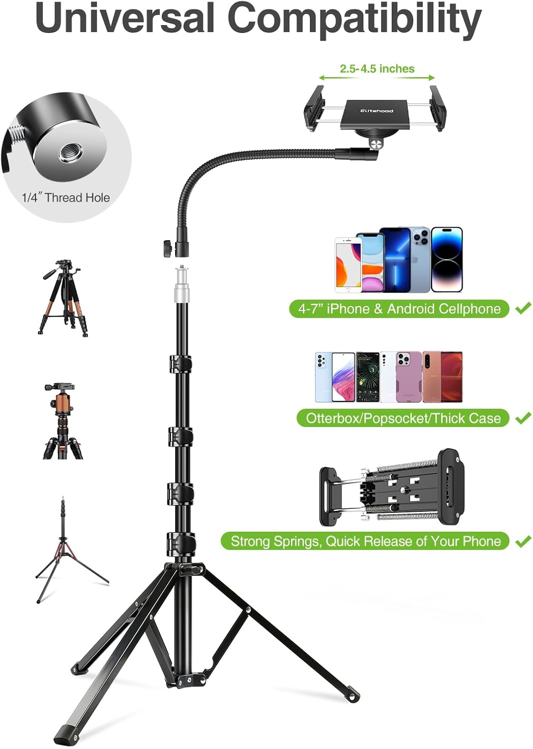 elitehood 80” Tall Phone Stand Tripod, Floor Phone Recording Stand, Heavy Duty Adjustable iPhone Tripod Stand Compatible with iPhone 15 14 13 12