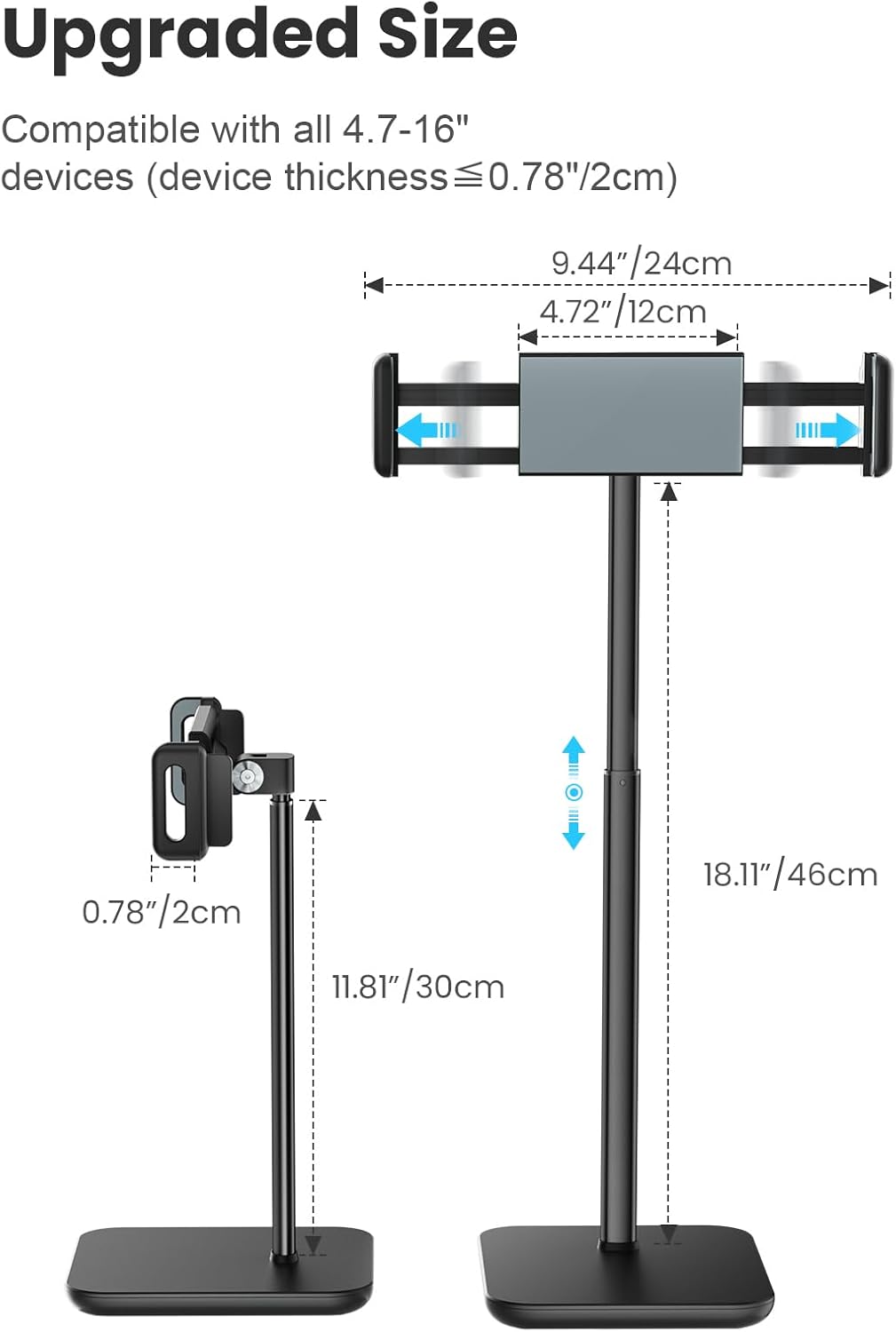 tounee Portable Monitor & Tablet Holder Stand, 4.4lb (2kg) Holding Strength, Height Adjustable Up to 18.11", Ideal for 4.7"-16" Devices (15.6" Portable Monitors, iPad, iPhone, Kindle) - Black