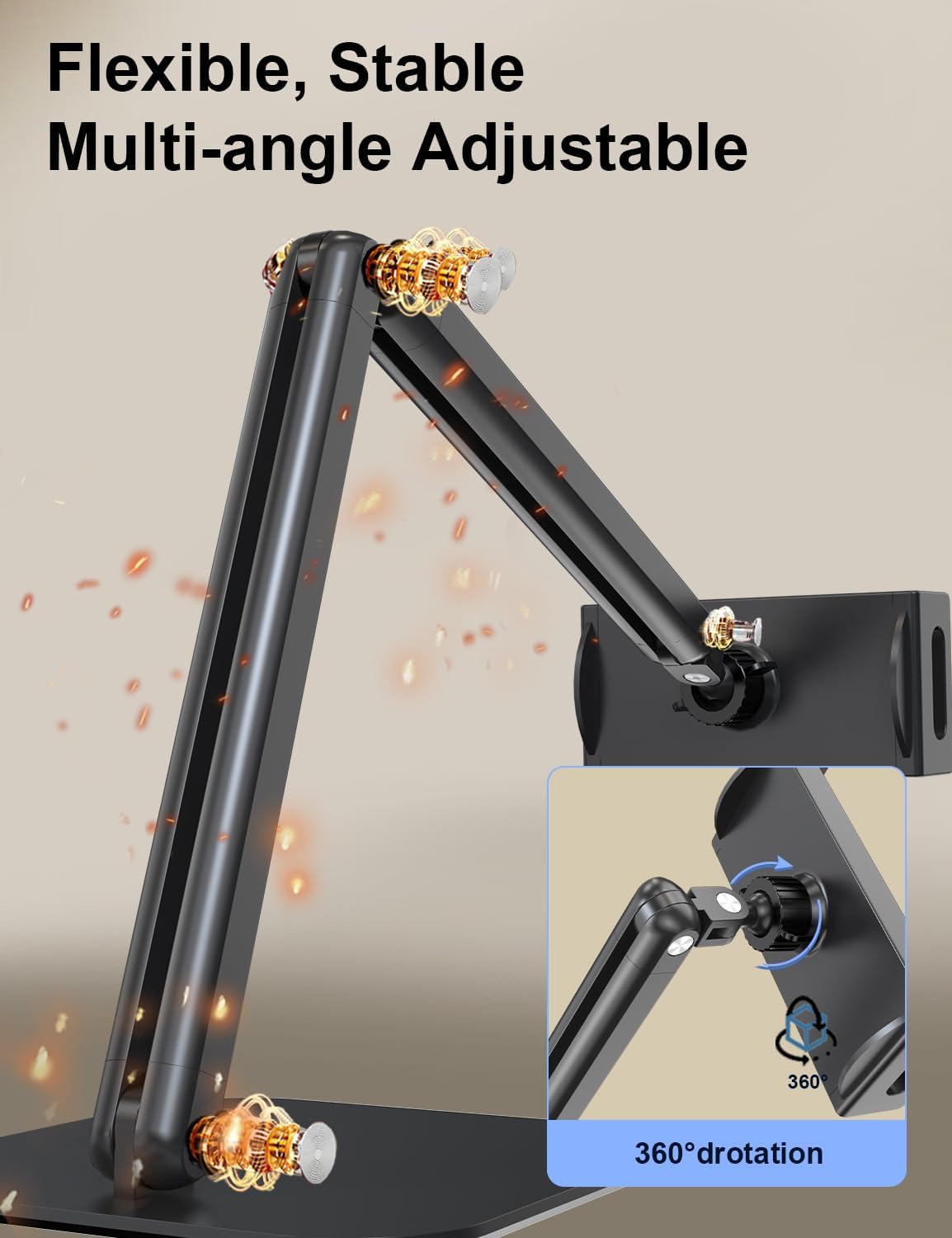 Tablet Stand for iPad, Aluminum Multi-Angle Adjustable Tablet Holder, Heavy-Duty Metal Base for Desk, Compatible with 5.1''-13'' iPad Pro, Surface, Kindle, Tablets, Portable Monitors and More