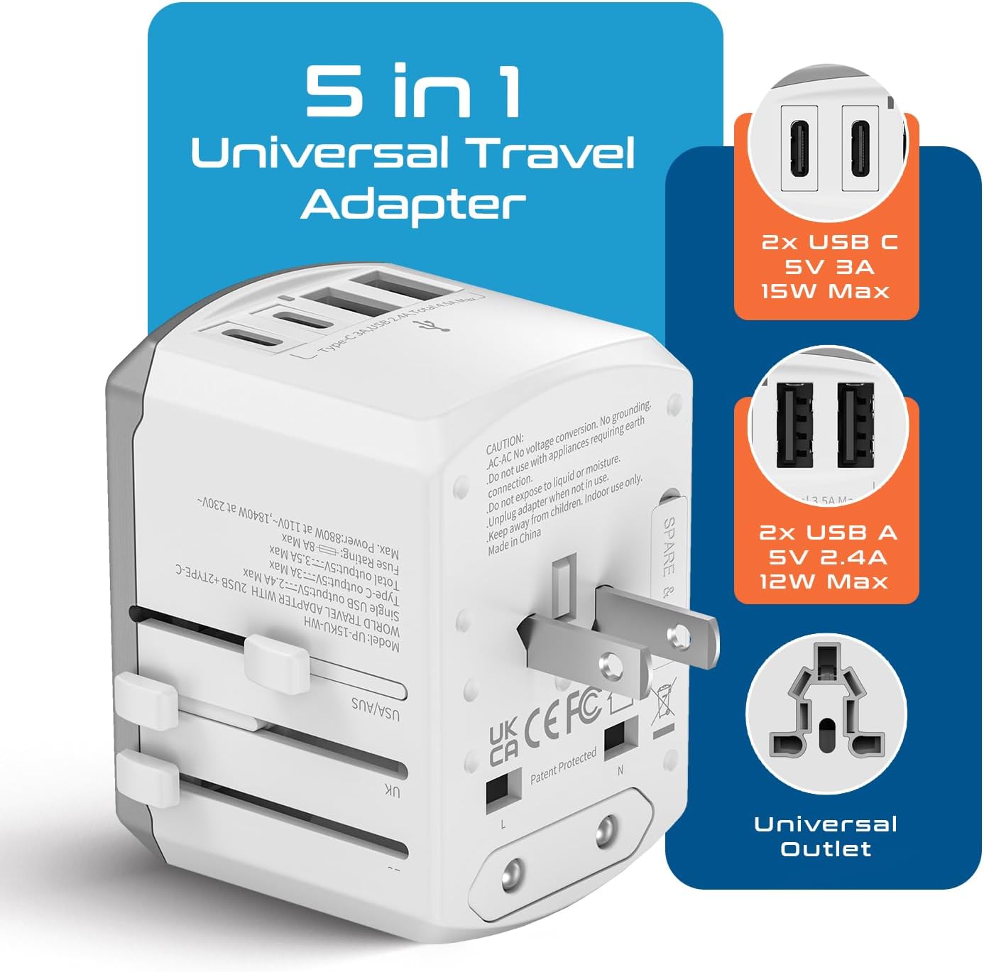 Ceptics Universal Travel Adapter 17.5W, 5 in 1 Universal Laptop Charger with 2X USB-A & USB-C 3.5A for Mobiles, Laptops, Cameras US, UK, EU, AU, All in 1 Type A, C, G, I Output, White