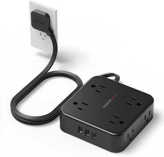 TESSAN Surge Protector Flat Plug Power Strip, Black Extension Cord, 8 AC Outlets, 3 USB Charger(1 USB C Port) 3 Side Outlet Extender, 5 Ft, 900 Joules Protection, Office Supplies, Dorm Essentials