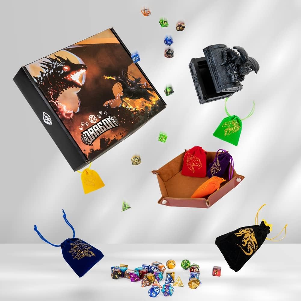 DND Dice Set 42 Pcs Polyhedral Dungeons and Dragons Rolling Dice for D&D RPG MTG Table Games Dice Bulk with Colorful Drawstring Bags and Dice Tray (Double-Color)