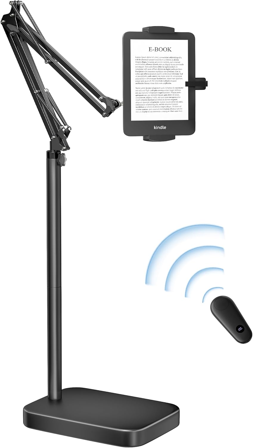 Kindle Floor Stand with Remote Page Turner, Tablet Stand with 11lb Stable Base, Adjustable Height Tablet Holder Mount, Compatible Kindles Tablets iPhones 4.7-12.9 inch
