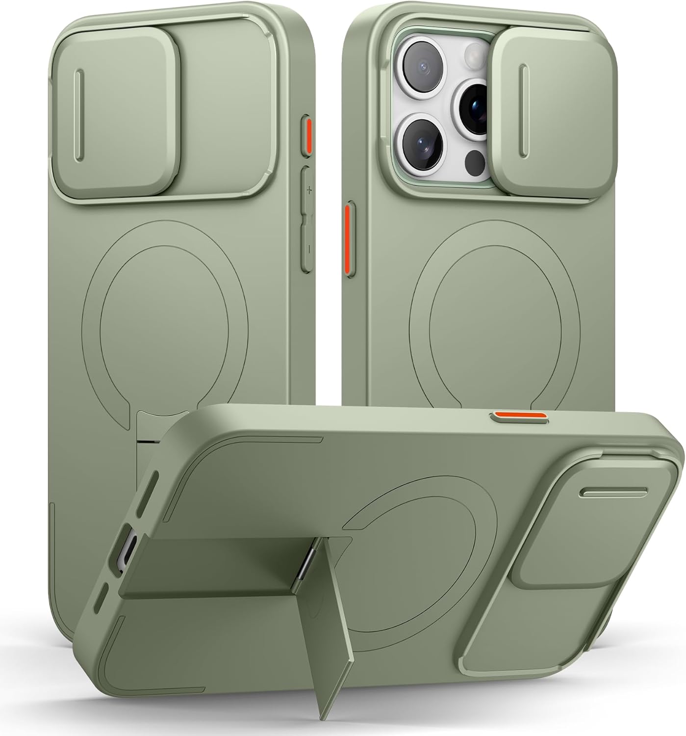 SURITCH for iPhone 15 Pro Max Case with Magnetic Camera Slide Cover and Adjustable Kickstand, Compatible with MagSafe, Shockproof Bumper Case Slim Protective Cover 6.7 Inch, Green