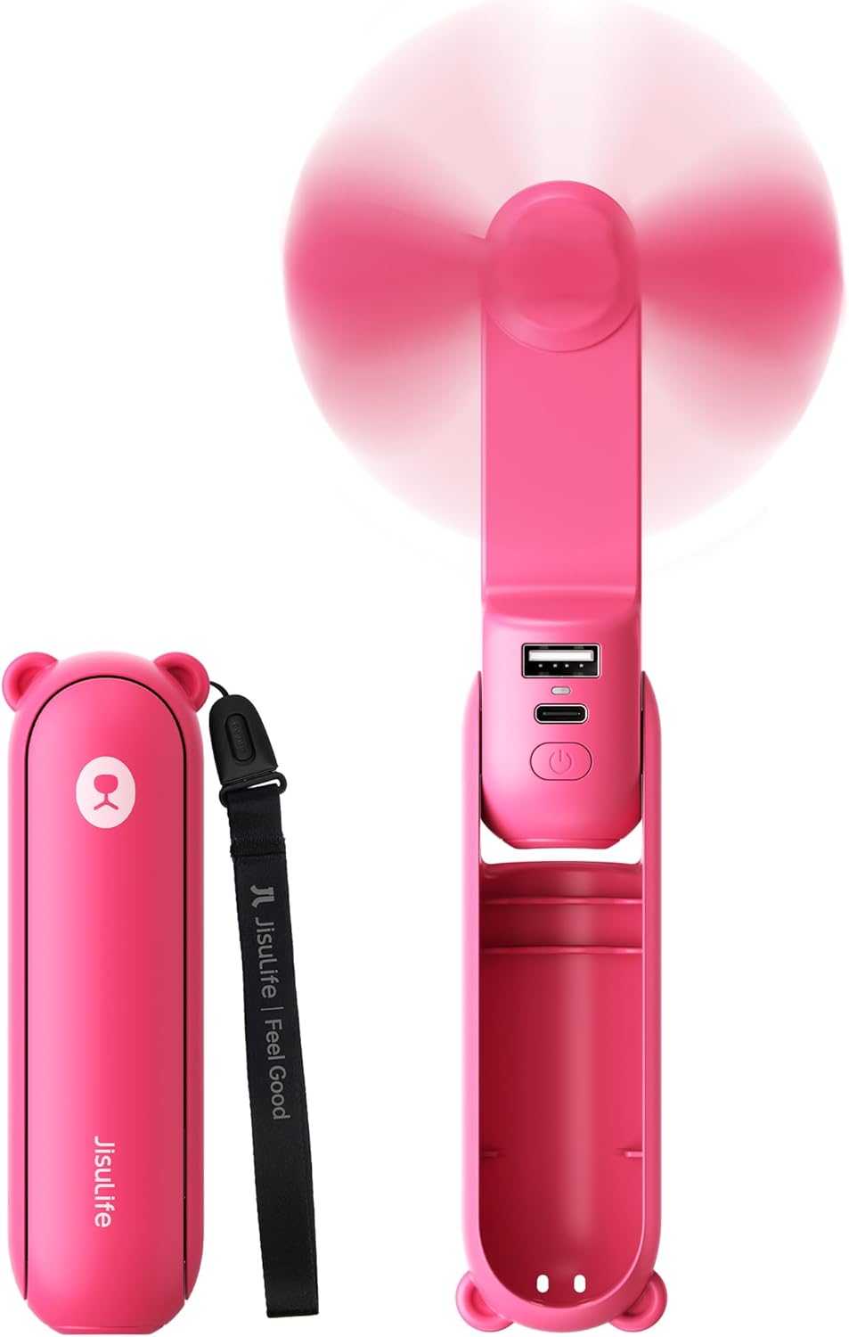JISULIFE Handheld Mini Fan, 3 IN 1 USB Rechargeable Portable Fan [12-19 Working Hours] with Power Bank, Flashlight, Pocket Design for Travel/Summer/Concerts/Lash, Gifts for Women (Fuchsia)