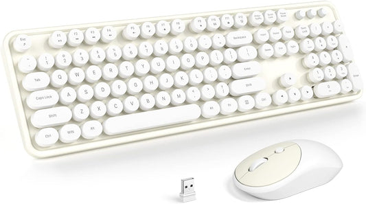 KNOWSQT Wireless Keyboard and Mouse Combo - White-Milky Full-Sized 2.4 GHz 104 Keys Typewriter Cute Keyboard, Round Keycap and Optical Mouse for Windows, Computer, PC, Laptop, Desktop