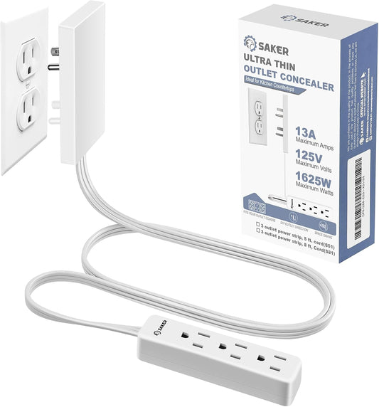 Saker Outlet Concealer Power Strip | 5ft Flat Plug Extension Cord with 3 Outlets,1625W | Universal Size Baby Proof Outlet Cover Extension Cord for Kitchen, Home and Office