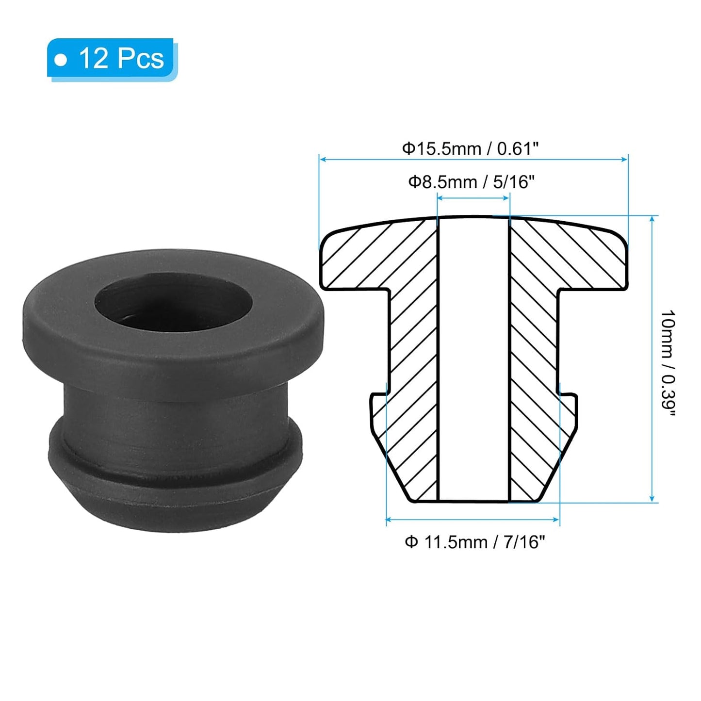 PATIKIL 11.5mm / 7/16 Inch Drill Hole,5/16 Inch ID Rubber Grommets, 12Pcs Top Hat Grommet for Wiring Eyelet Ring Gasket Automotive Firewall Cable Hole Plugs Wires Protection, Black
