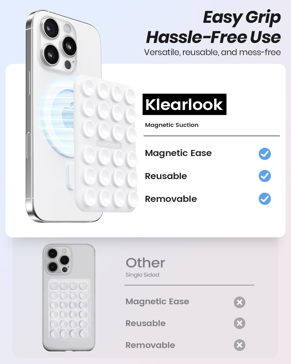 Klearlook 2Pack Magnetic Suction Phone Mount for MagSafe Case, Sticky Phone Grip Holder for iPhone, Removable Hands-Free Selfie/Video for TikTok Influencers, Women Girl Teen Gift, Transparent & White