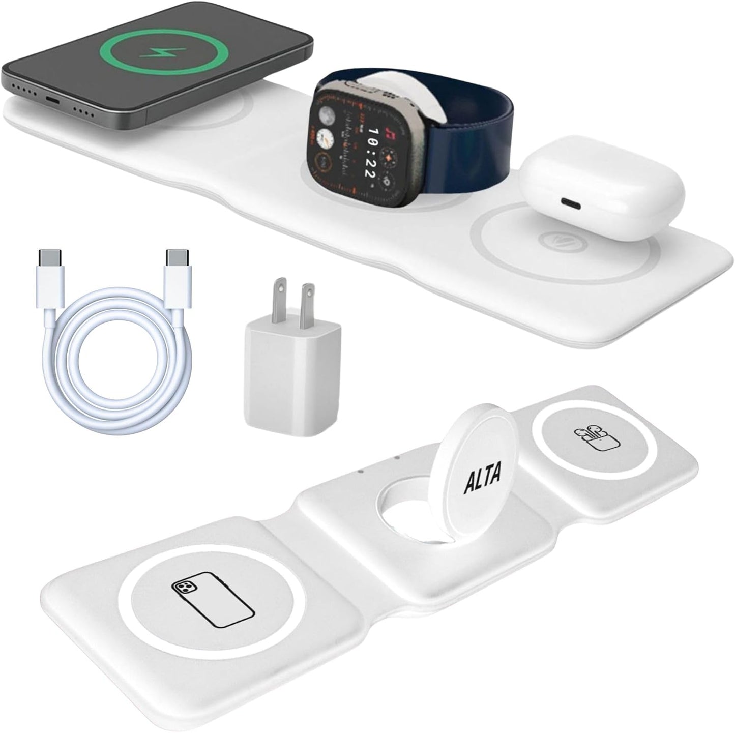 3-in-1 Magnetic Wireless Charger for iPhone, Apple Watch & AirPods – Fast Charging Station, Foldable Dock for Travel & Desk, Compatible with All iPhone Models, with 20W Adapter