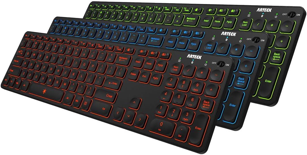 Arteck Universal Backlit 7-Colors & Adjustable Brightness Multi-Device Full Size Wireless Bluetooth Keyboard for Windows, iOS, iPad OS, Android, Computer Desktop Laptop Surface Tablet Smartphone