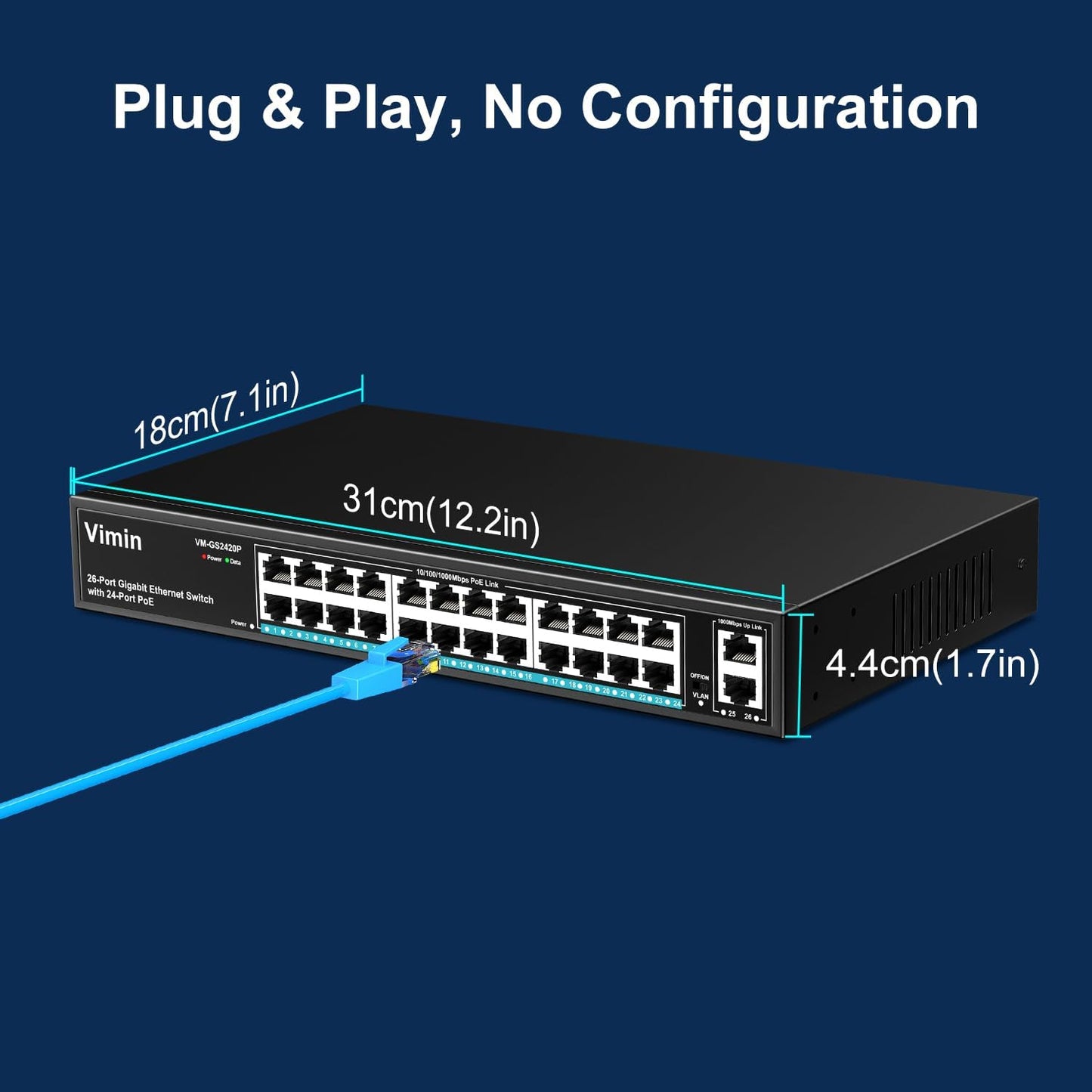 24 Port Gigabit PoE Switch with 2 Uplink Gigabit Ports, VIMIN 26 Port Unmanaged PoE Ethernet Switch with 320W Power, Support IEEE802.3af/at, VLAN, Metal Housing, 19 inch Rack-Mount, Plug and Play