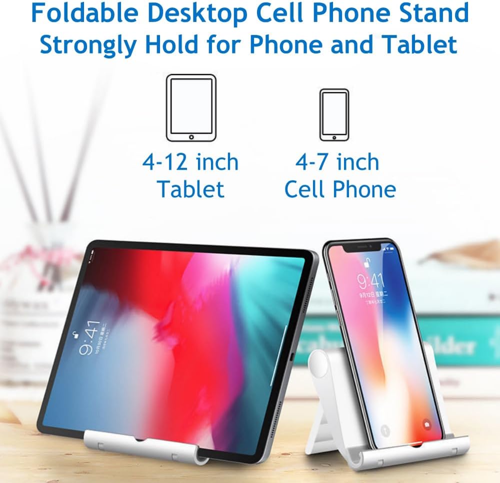 Cell Phone Stand for Desk Foldable Cell Phone Holder Desk Tablet Holder Mobile Phone Dock, Multi-Angle Universal Adjustable Tablet Dock Compatible with Most Cell Phones (White)