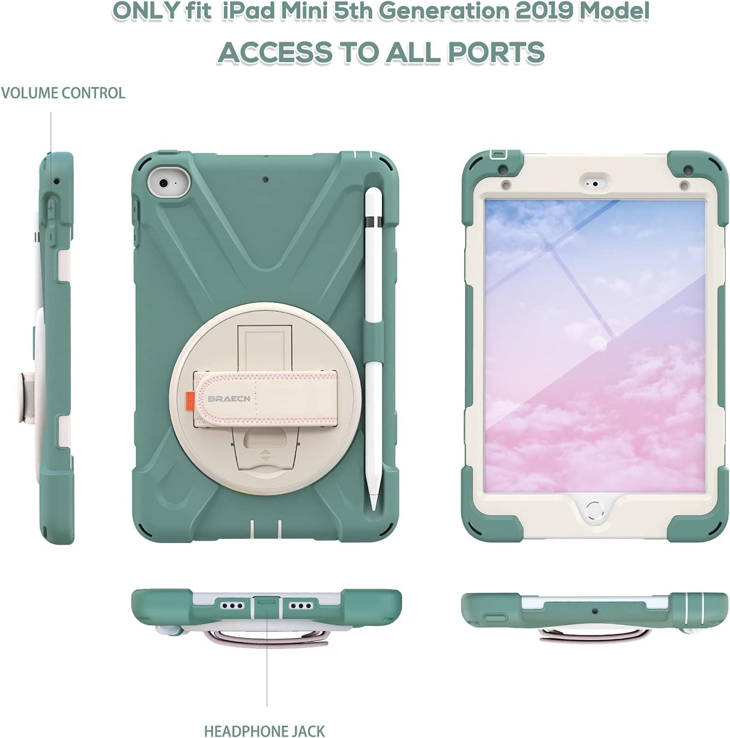 BRAECN iPad mini 5 Case,iPad mini 4 Case, Heavy Duty Shockproof Protective Rugged Case with Pencil Holder,Hand Strap,Kickstand, Shoulder Strap for iPad mini 5th/4th Generation 7.9 Inch for Kids