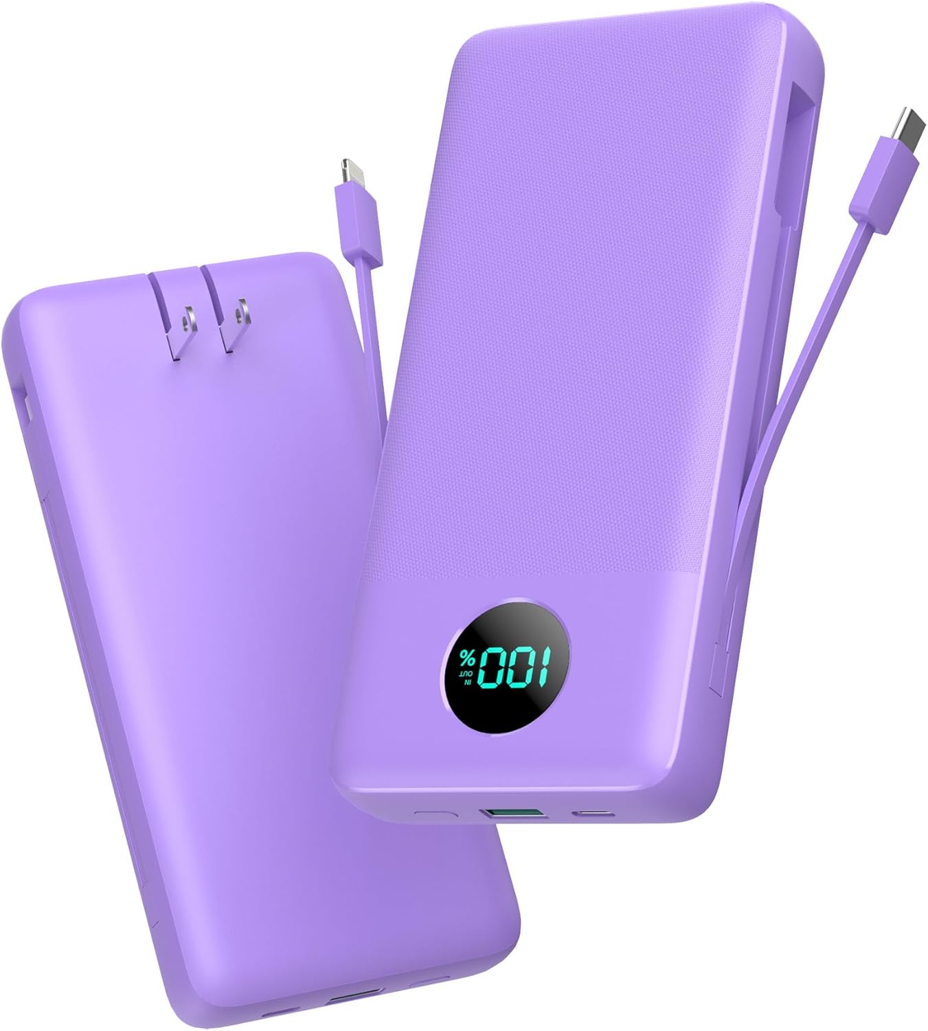 Portable Charger 33800mAh USB C Power Bank with Built-in Cables & AC Wall Plug,25W Fast Charging+QC 4.0 Phone Charger,4 Output LCD Display Battery Pack Compatible with iPhone16/15,Samsung,Android etc