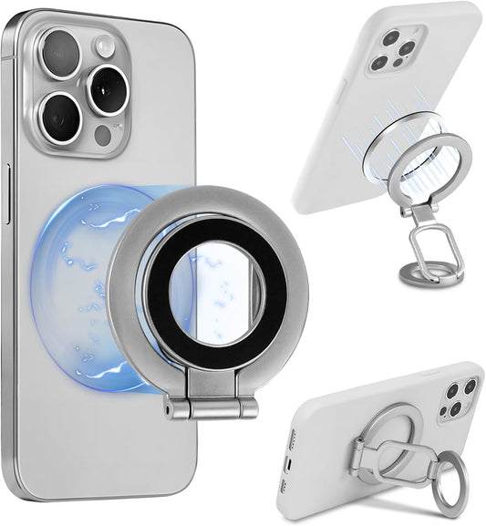Magnetic Ring Holder Grip, Adjustable Magnet Phone Ring Stand, Multi-Angle Stability Kickstand, Strong Double Sided Magnetic Phone Grip, with Magnet Ring for Phone Case, Silver