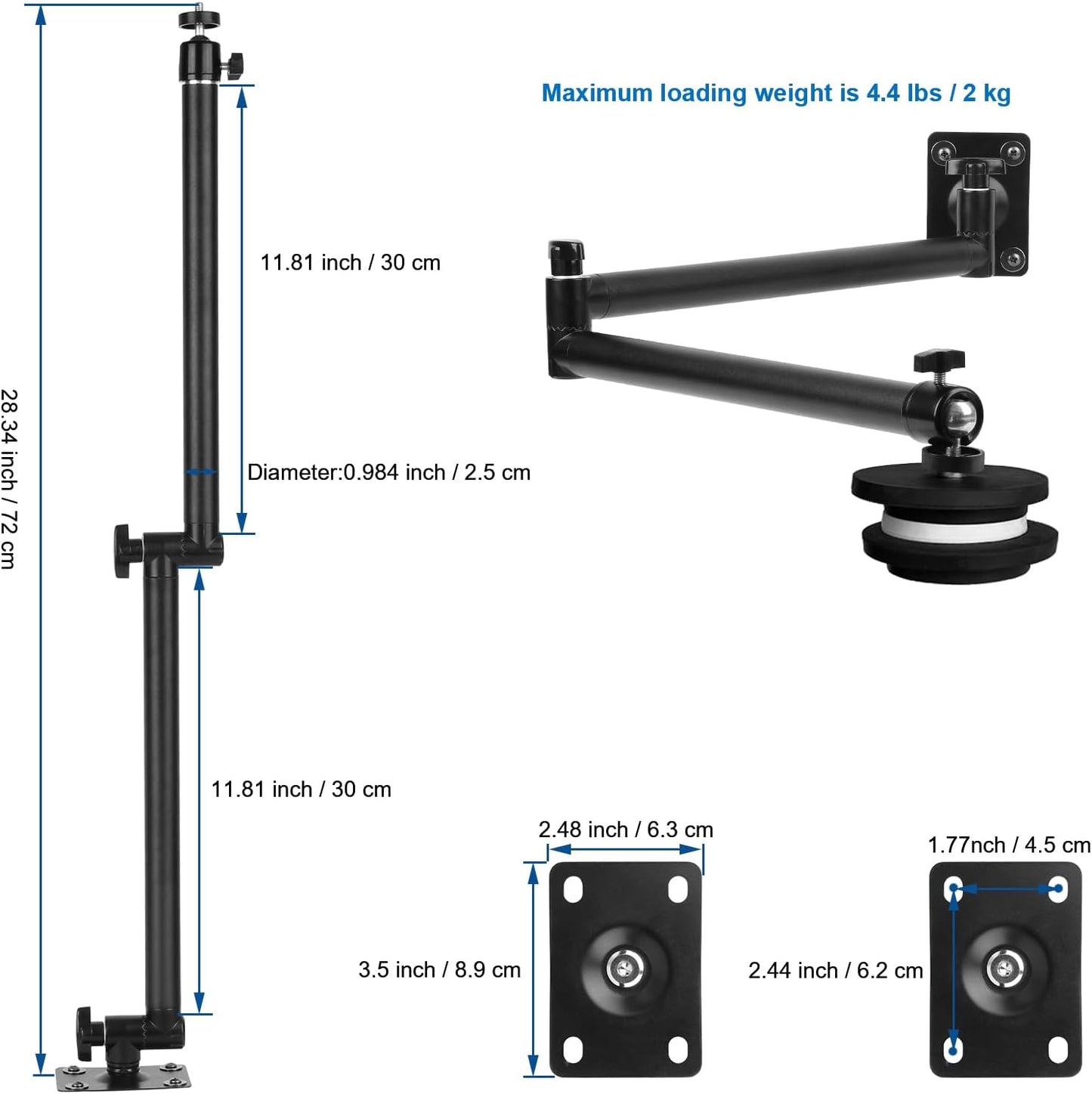 Articulating Camera Wall Moun with 1/4"-20 Threaded Compatible with DSLR/Security/Webcam/Action/LED Light/CCTV POV Camcorder Cameras,Adjustable Aluminium Alloy Arm Metal Base