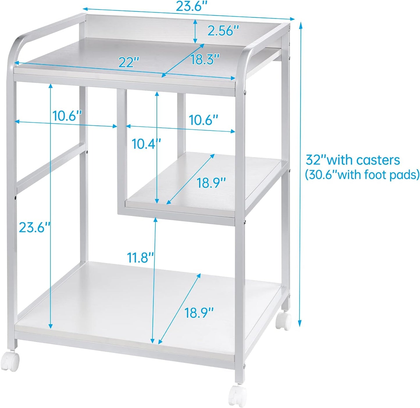 Large Printer Stand Table with Storage Shelf for Host Computer, PC Tower, CPU and Shredder, 3 Tier Rolling Printer Cart with Wheels for Home Office Storage and Organization - White