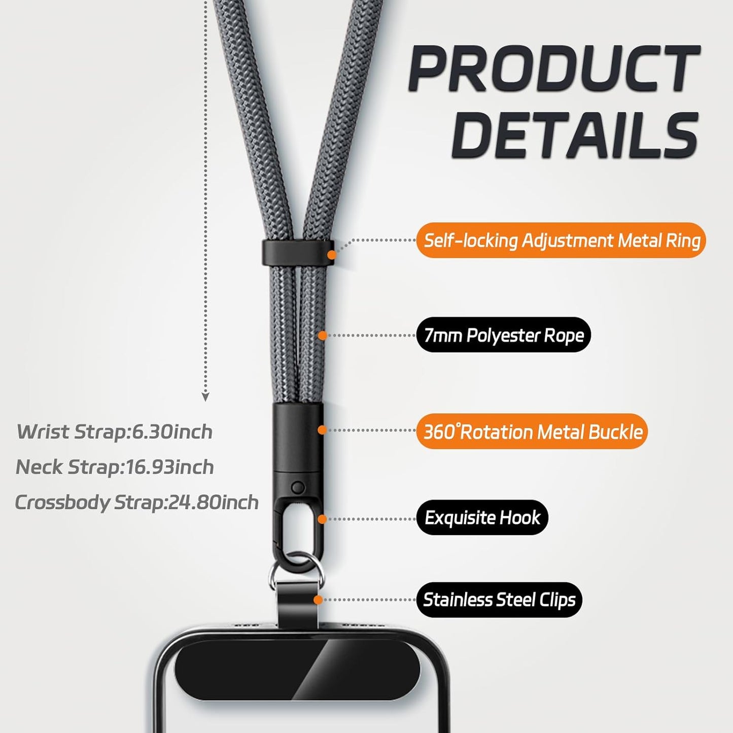 3 Pack Phone Lanyard,1×Phone crossbody strap,1×Phone Neck Strap,1×Wrist Strap,3×Tether Tabs,Universal Cell Phone Multifuctional Patch Polyester Lanyards(Grey)