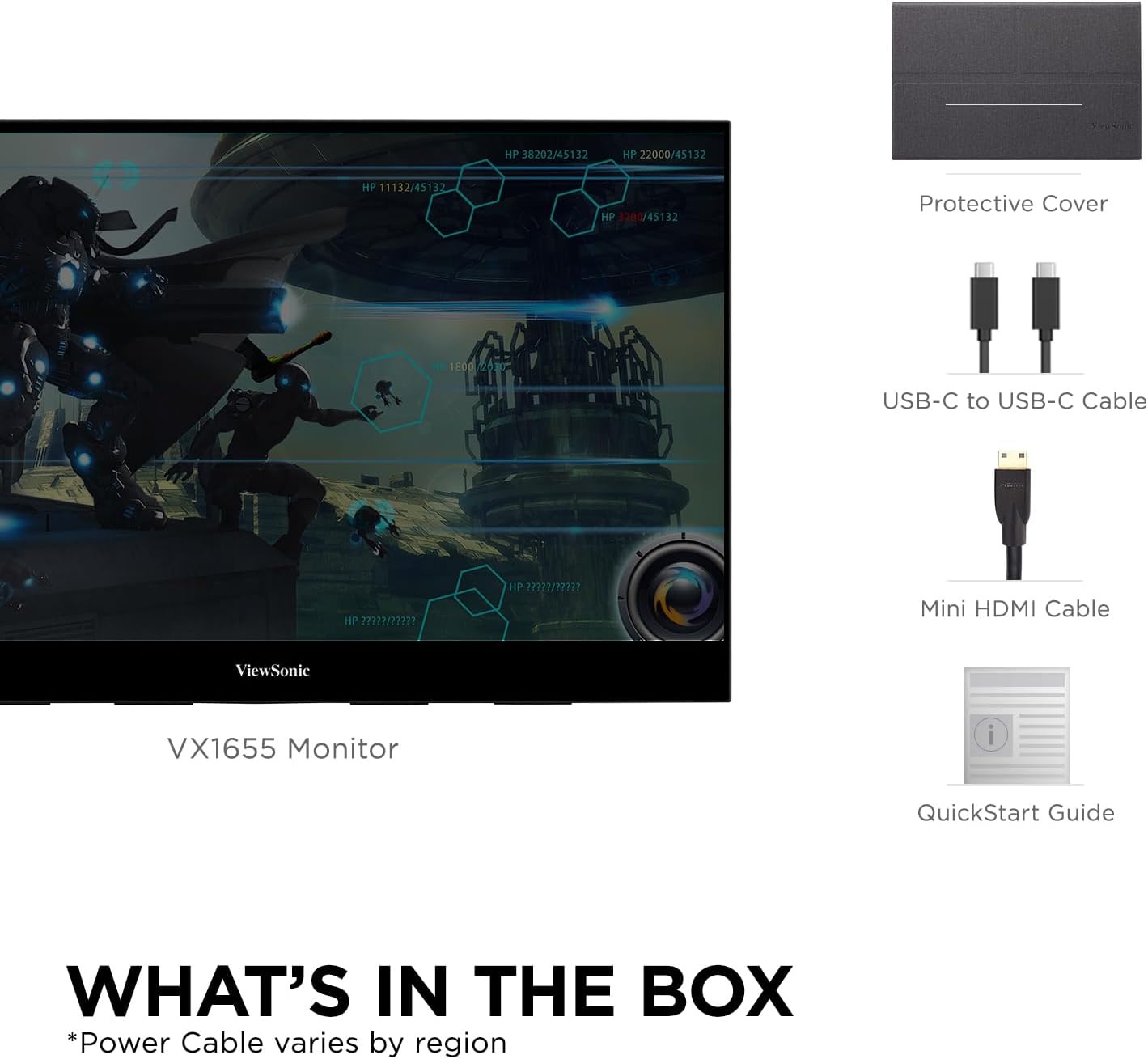 ViewSonic VX1655 15.6 Inch 1080p FHD Portable LED IPS Monitor with 2 Way Powered 60W USB C, Mini HDMI, Dual Speakers, and Built-in Stand with Tripod Mount,Black