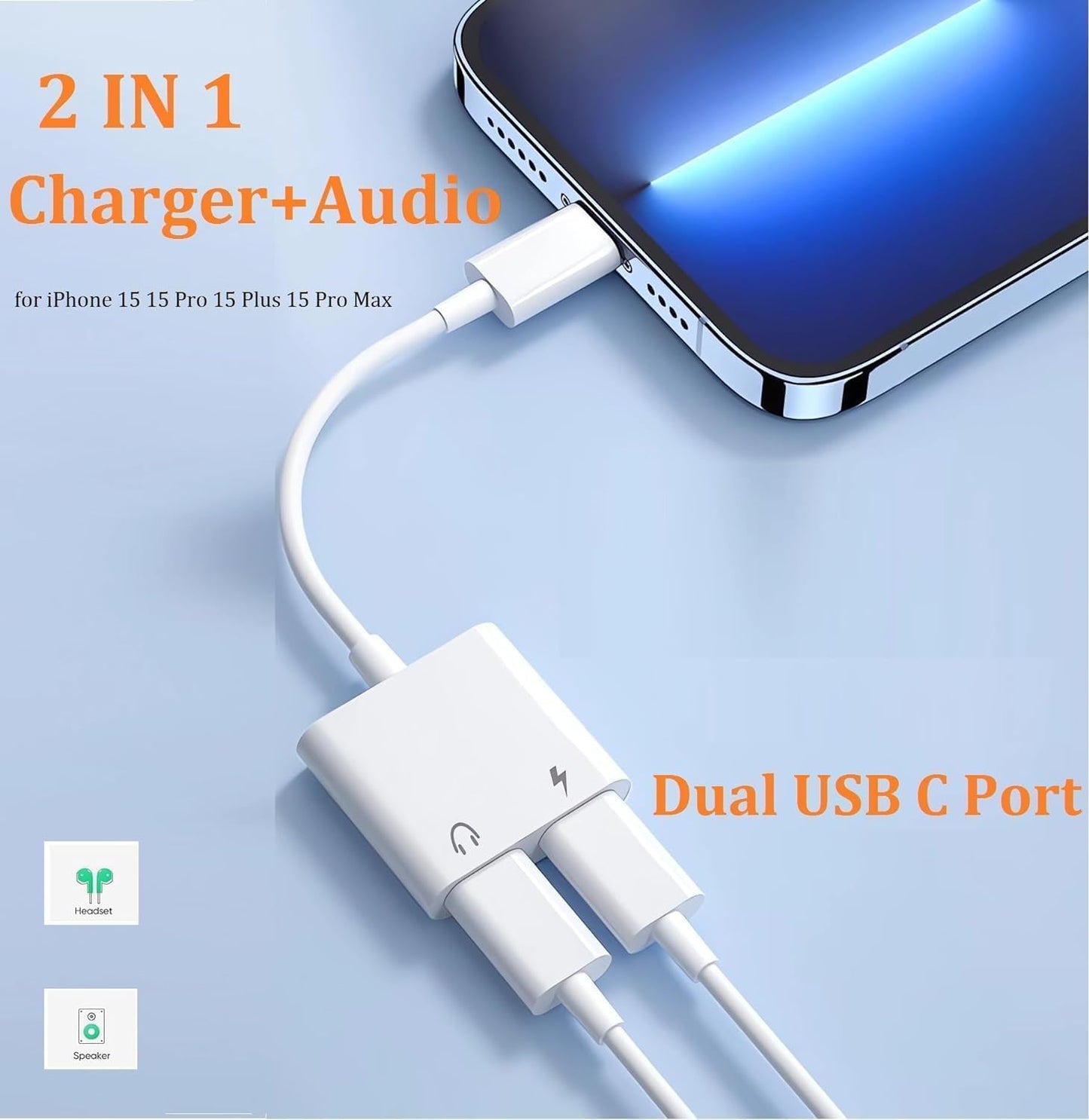 Dual USB C Headphone and Charger Adapter for iPhone 16,Dual USB C AUX + Charger Dongle Splitter Adapter Compatible with iPhone 16/16 Pro/16 Pro Max/15/15Pro/15Pro Max Support Call+Charging( 2Pack)