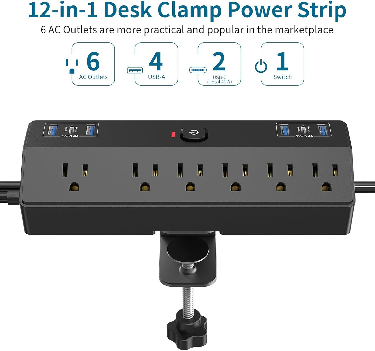 Desk Clamp Power Strip 2 USB C Desktop Mount Outlet Charging Station, 10FT Extension Cord Flat Plug with 6 AC, Removable 40W Fast Charging Surge Protector Power Strip Fits 1.8" Office Tabletop Edge
