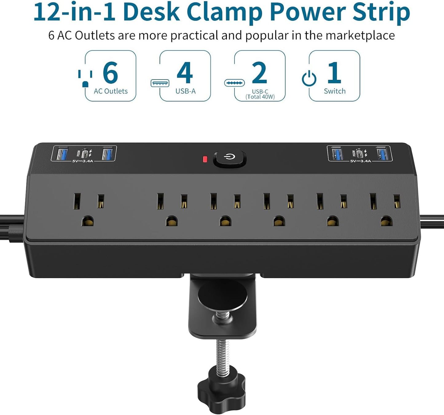 Desk Clamp Power Strip with 40W Fast Charging Station, JXGUCAT 10ft Flat Plug Power Strip Surge Protector, 2 USB-C Ports, 6 AC Outlets, Fit 2.48" Tabletop Edge, Home Office Desk Accessories Essentials
