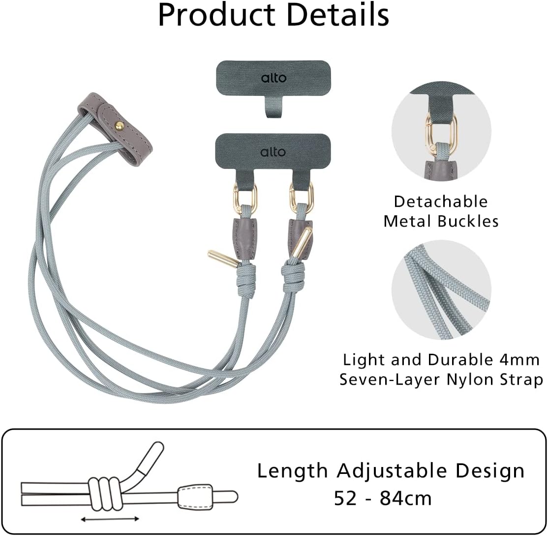 alto Crossbody Phone Lanyard: detachable patch, nylon strap with Italian leather pad, for iPhone and android full body phone cases (Cement Gray)