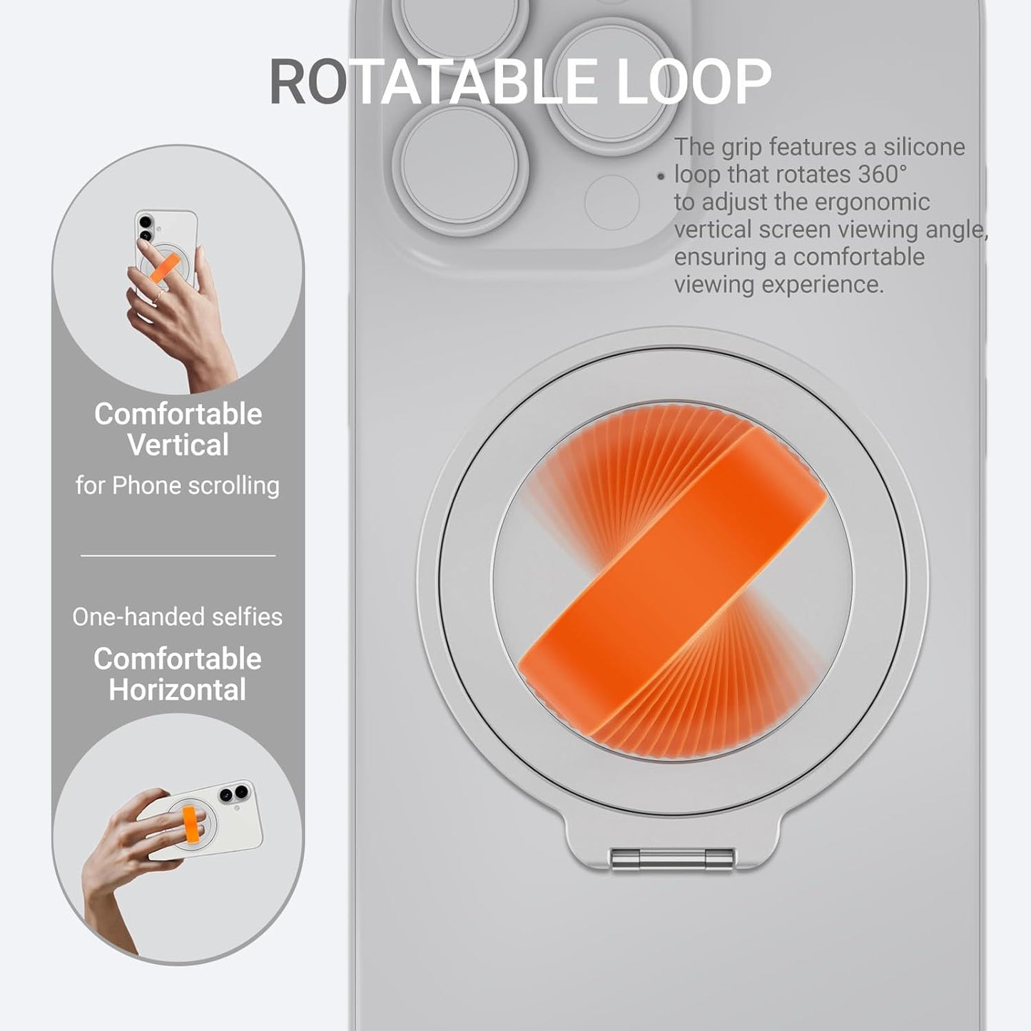 Grat 3 Upgraded Magnetic Phone Grip Stand, 360° Rotatable Silicone Strap Phone Loop Holder, Detachable Ring Kickstand Compatible with Magsafe iPhone 16 15 14 13 12 Pro/max, Silver