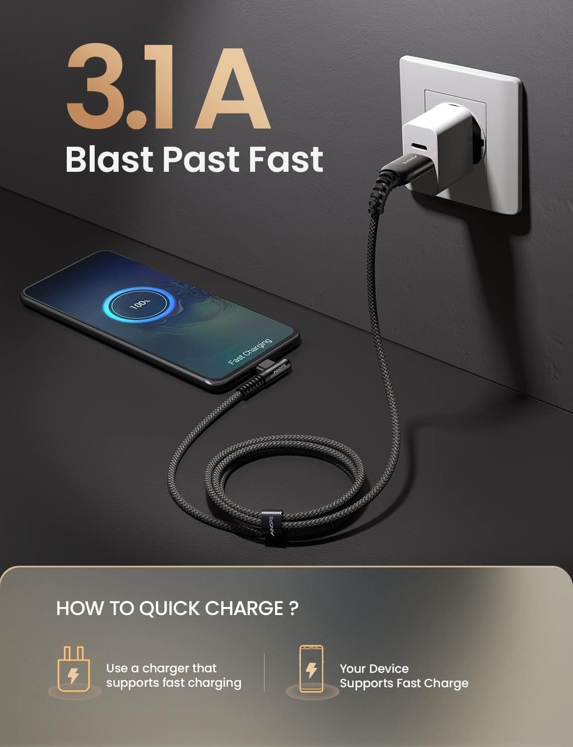 AINOPE Right Angle USB Type C Cable [3-Pack 3.3ft/6.6ft/10ft] 3.1A Fast Charging USB to USB C Cable, Nylon Braided USB C Charging Cable Compatible with Galaxy S21+ Ultra, iPad mini/Air/Pro, Pixel 6X