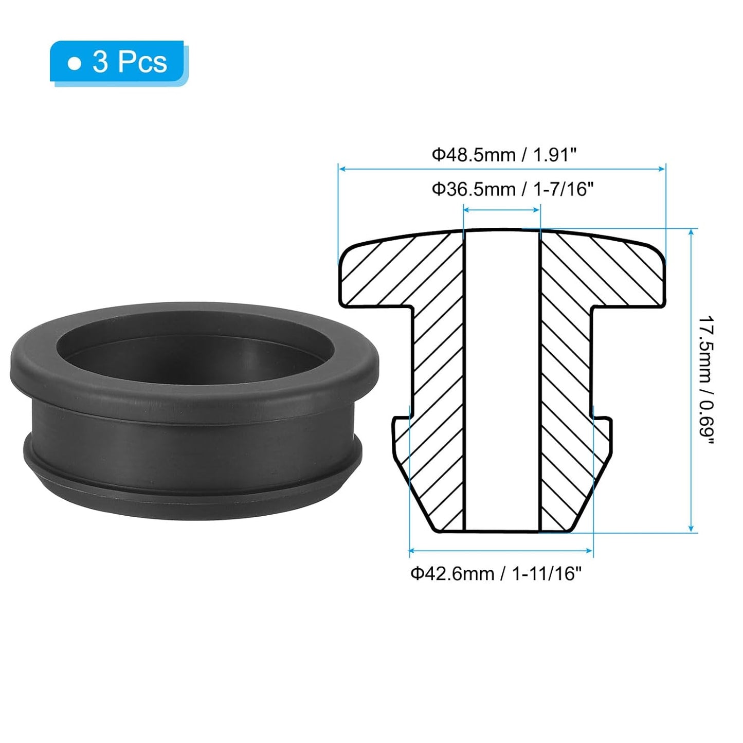PATIKIL 42.6mm / 1-11/16 Inch Drill Hole,1-7/16 Inch ID Rubber Grommets, 3Pcs Top Hat Grommet for Wiring Eyelet Ring Gasket Automotive Firewall Cable Hole Plugs Wires Protection, Black