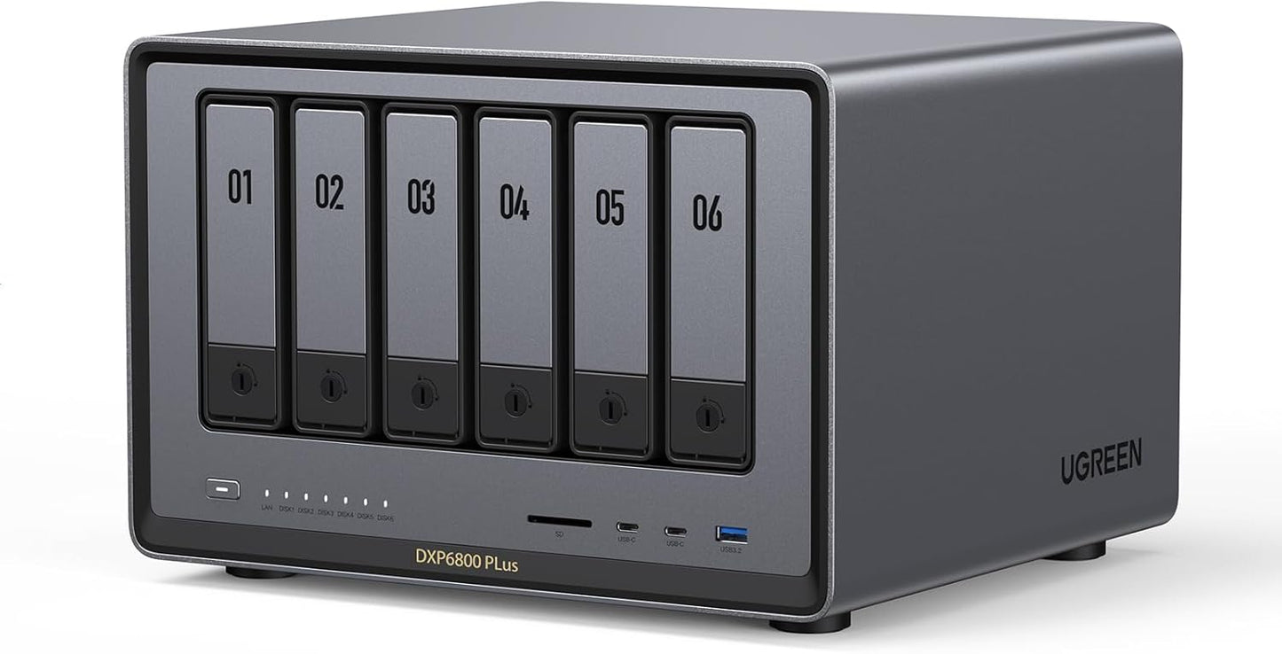 UGREEN NASync DXP6800 Plus 6-Bay Desktop NAS, Intel i3 1215u 6-Core CPU, 8GB DDR5 RAM, 128G SSD, 1X 10GbE and 1X 2.5GbE LAN Port, 2X M.2 NVMe Slots, 4K HDMI, Network Attached Storage (Diskless)