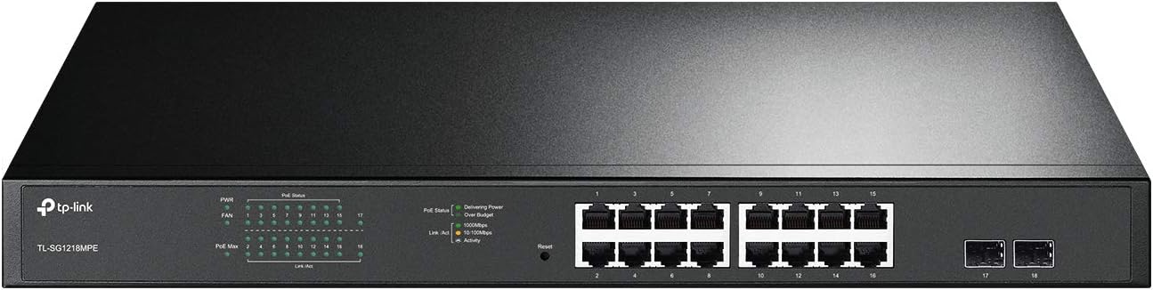 TP-Link TL-SG1218MPE 16 Port Gigabit Switch Easy Smart Managed 16 PoE+ @250W, 2 non-PoE ports, 2 combo SFP slots 3 Year Manufacturer Warranty QoS, Vlan, IGMP & LAG, Free Expert Help