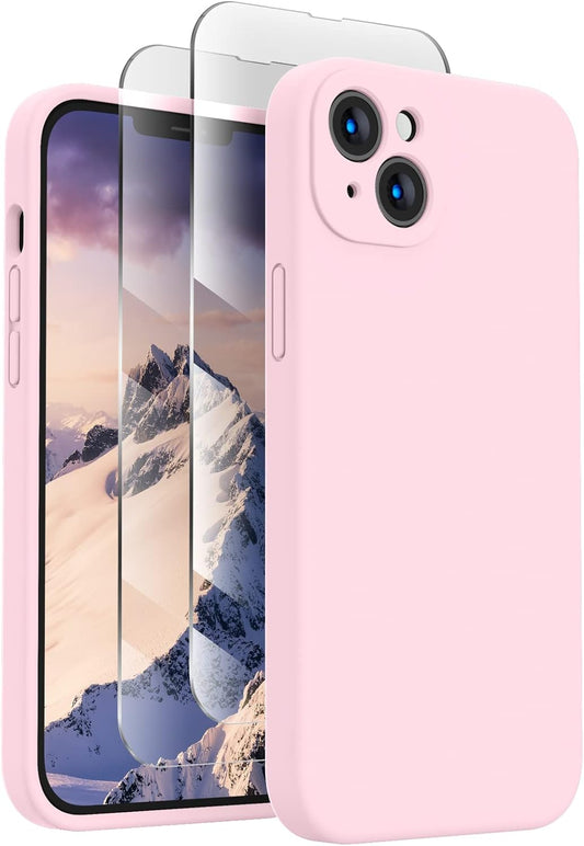 FireNova Designed for iPhone 14 Case, Silicone Upgraded [Camera Protection] Phone Case with [2 Screen Protectors], Soft Anti-Scratch Microfiber Lining Inside, 6.1 inch, Chalk Pink