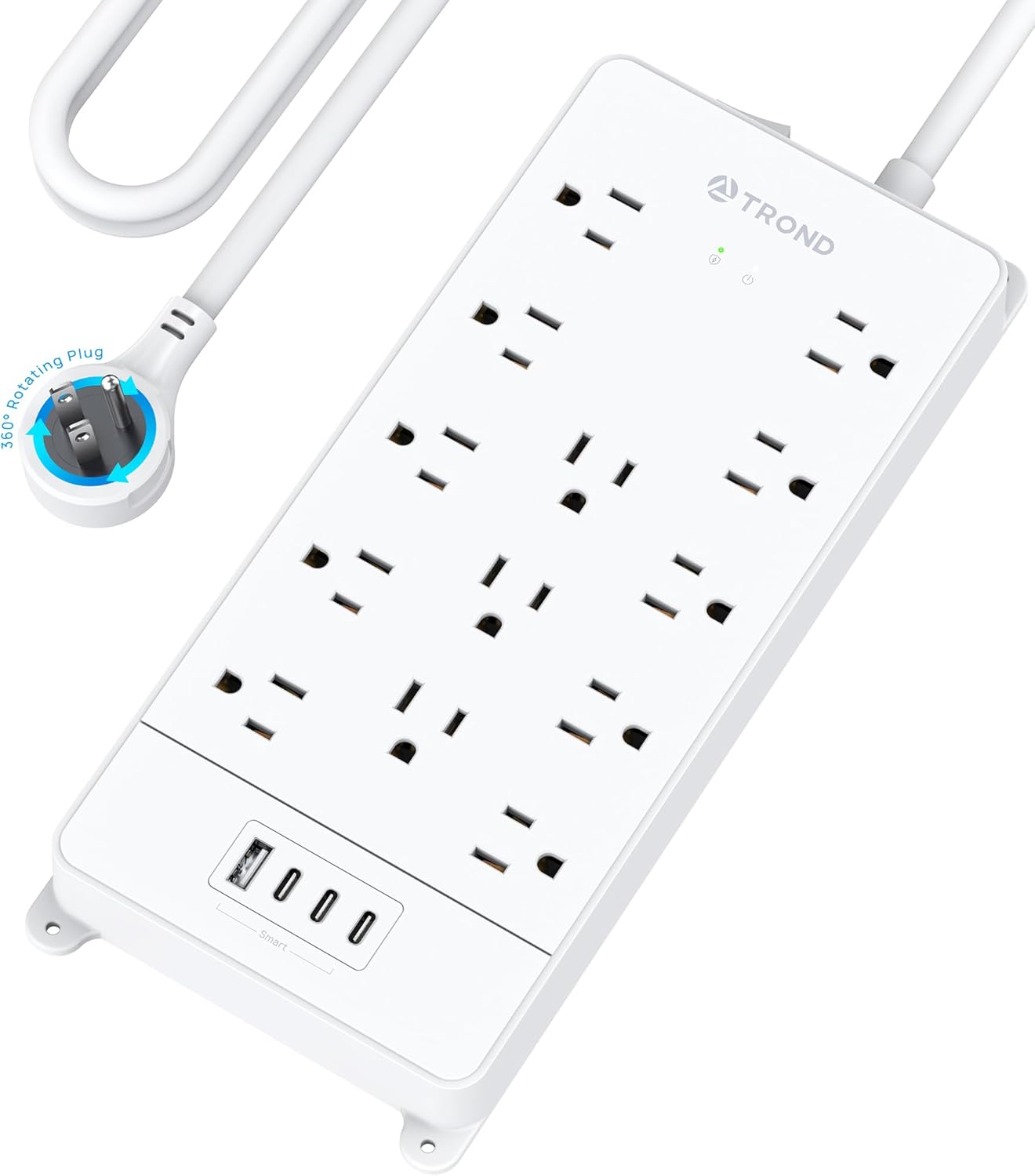 TROND 360° Rotating Flat Plug, Surge Protector Power Strip, 13AC Widely Spaced Outlets Expansion with 3 USB C Ports, 4000J, 10ft Extension Cord Heavy Duty, Wall Mount, Under Desk, ETL Listed, White