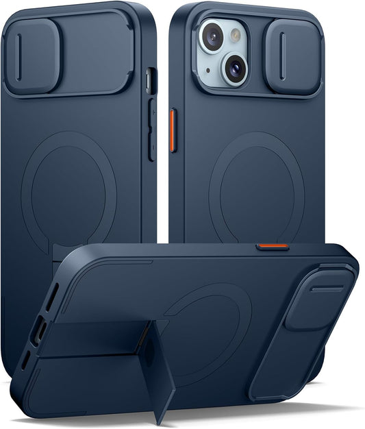 SURITCH for iPhone 14 Plus/15 Plus Case with Magnetic Camera Slide Cover and Adjustable Kickstand, Compatible with MagSafe, Shockproof Bumper Case Slim Protective Cover 6.7 Inch, Blue