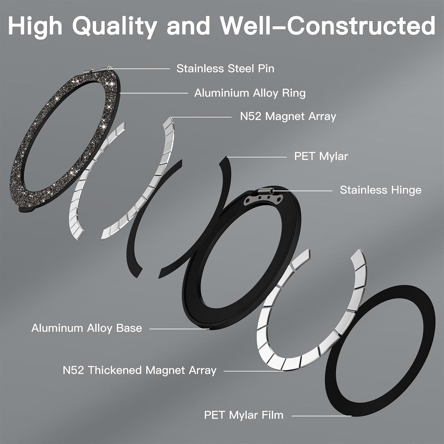 COOLQO Upgraded Magnetic Phone Ring Holder Stand, Super Magnet Cell Phone Grip Finger Kickstand Compatible with MagSafe Mag Safe Accessory for iPhone All Smartphones (1-Glitter Black)