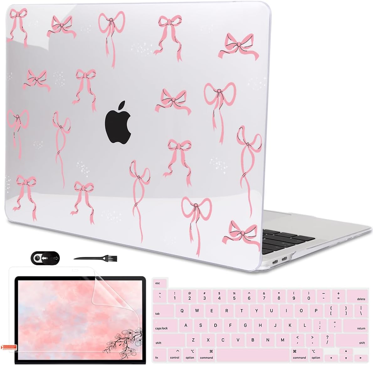 for MacBook Pro 13 Inch Case 2022 M2 2020 2021 A2338 M1 A2251 A2289 with Touch Bar & Touch ID, Pattern Plastic Hard Case Keyboard Cover Screen Protector Webcam Cover Brush, Pink Bowknot