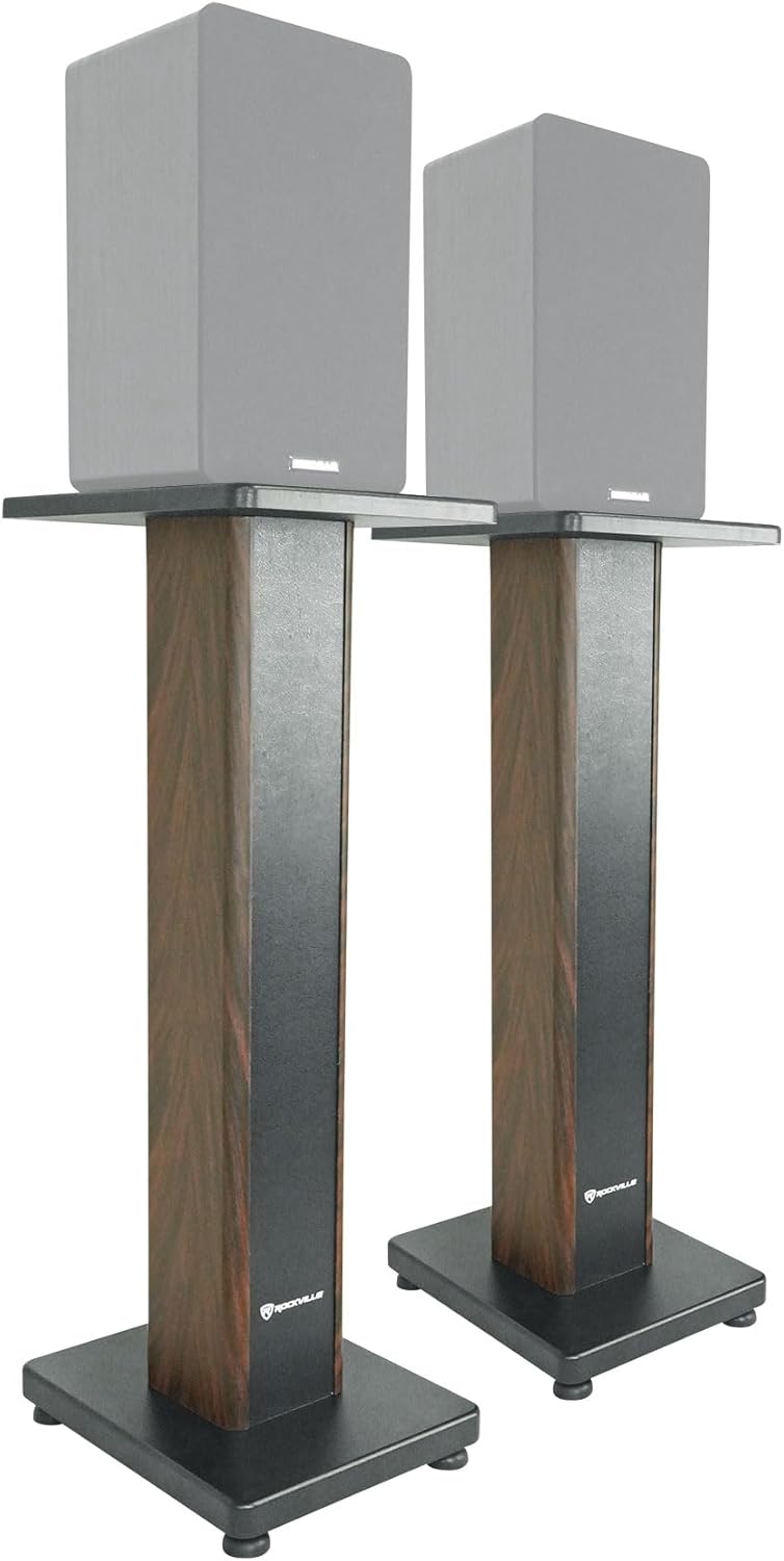 Rockville Pair RHT28D 28" Bookshelf Speaker Stands, Dark Wood Grain, 60 lbs Capacity, Sand-Fillable Design, Dual Platform Sizes, Anti-Slip Pads, for Home Theater and Studio Monitors
