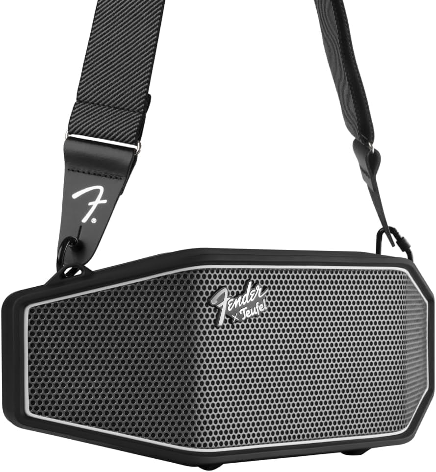 Fender x Teufel ROCKSTER CROSS Portable Wireless Bluetooth Speaker – Rugged, Waterproof, 16 Hours of Battery, Powerful Stereo Sound, Subwoofer, Built-in Power Bank, Fender Guitar Strap (Black & Steel)