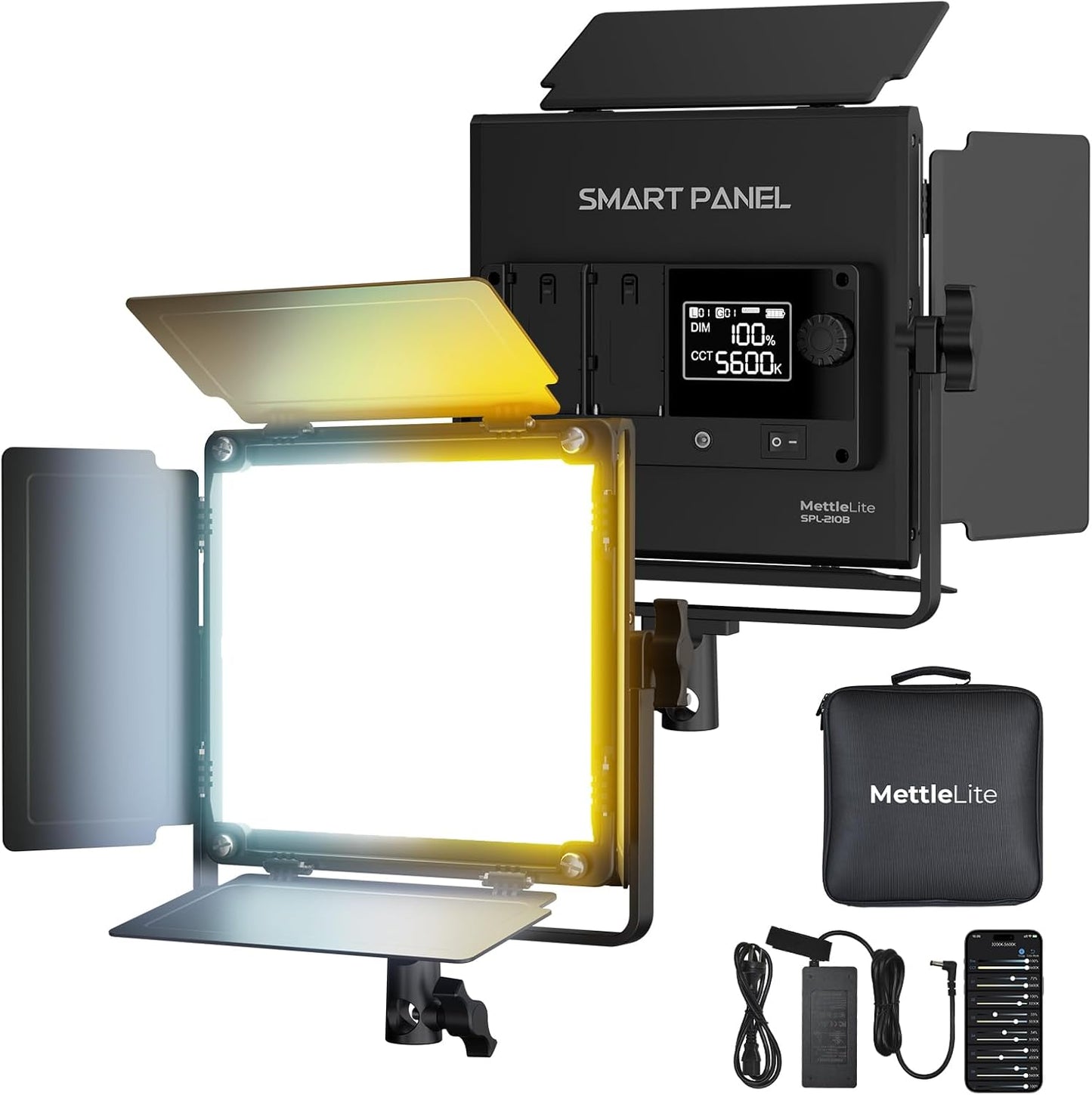 Mettlelite SPL210B Bi Color LED Video Light with APP Control, 3200K-5600K, CRI TLCI 96+, Dimmable Photography Studio Lighting with U Bracket, Barndoor and Carrying case, for Photography/Video/Stream