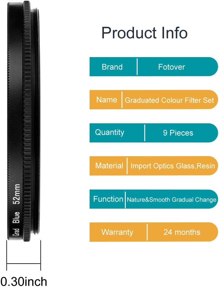 40.5mm Graduated Color Filters Kit 9 Pieces Gradual Colour Lens Filter Kit Set Accessory for Canon Nikon Sony Pentax Olympus Fuji DSLR Camera + Lens Filter Pouch +Lens Cleaning Cloth