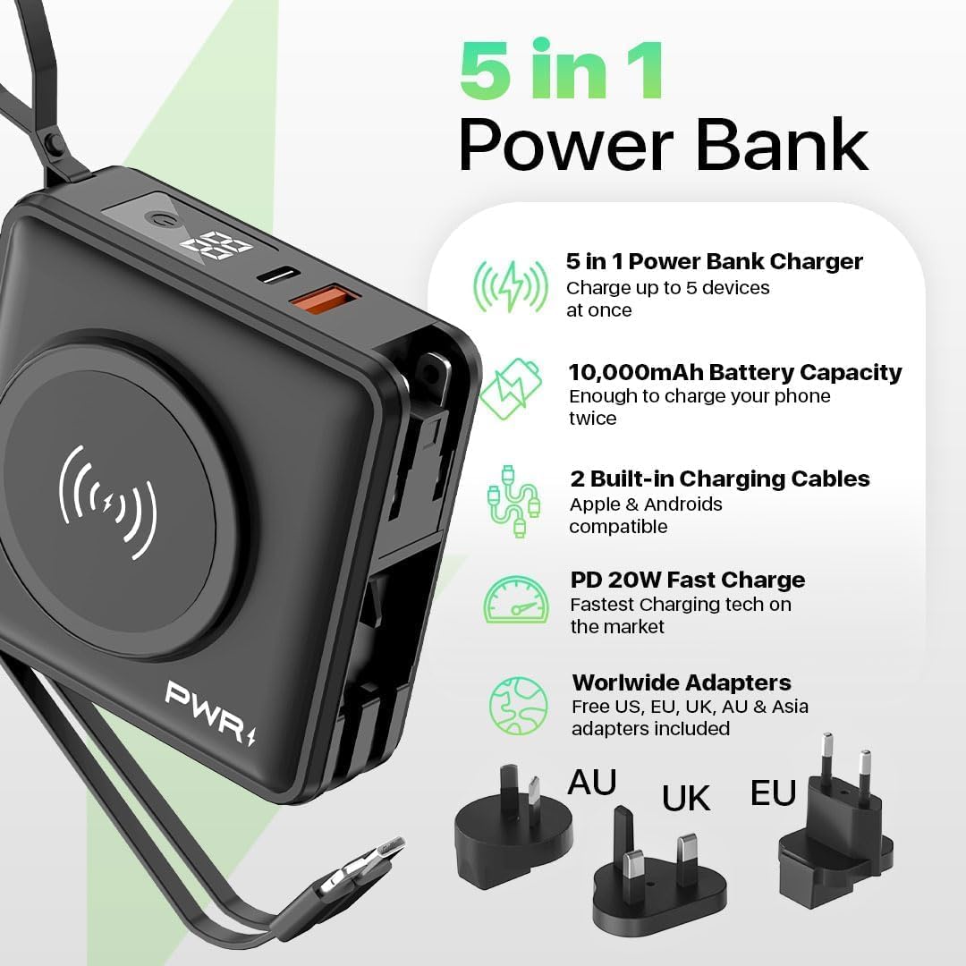 PWR Travel PRO 5-in-1 Power Bank – 10,000mAh with Built-in Cables – 20W USB-C + 15W Wireless Charging – Compact Portable Charger for iPhone & Android- Black