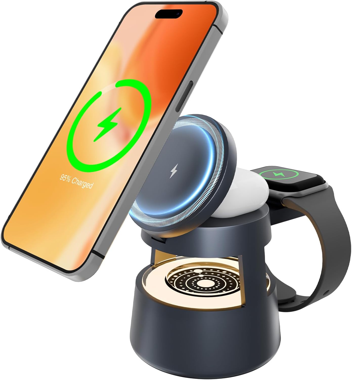 Wireless Charging Station for Magsafe: 4 in 1 Fast Charger Stand 15W with Mushroom Light for iPhone 16e 16 15 14 13 12 Pro Max - for Apple Watch Ultra and AirPods Series - Nightstand Bedside (Black)