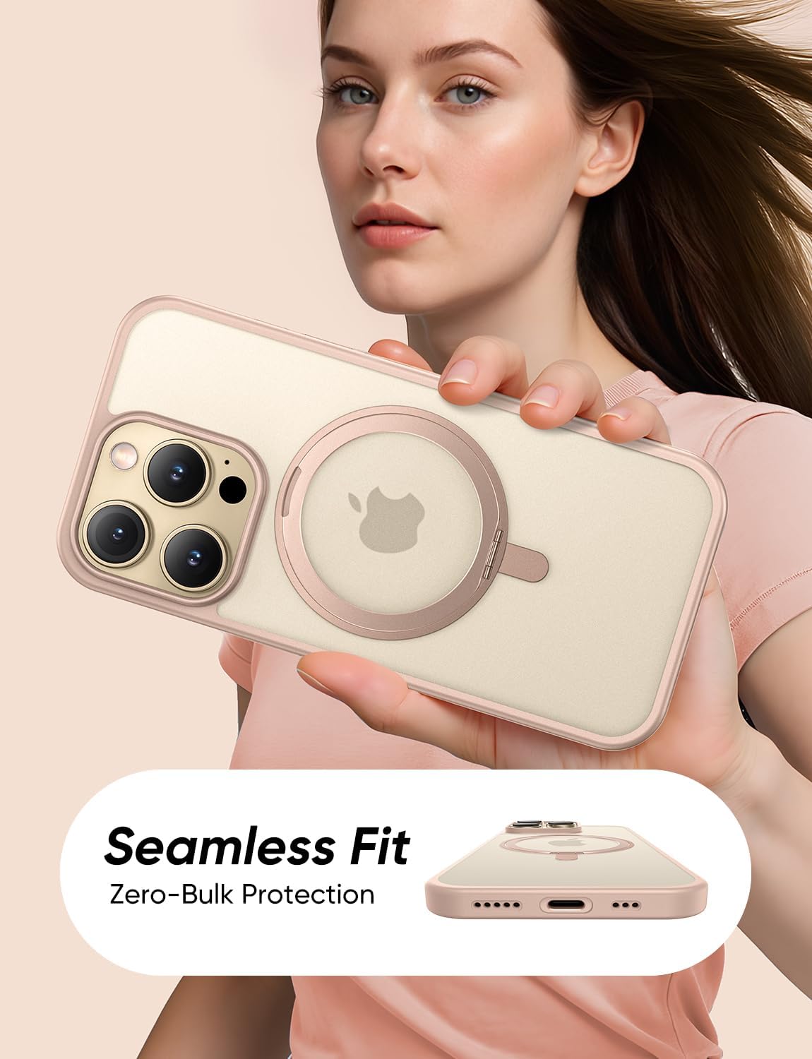 MAGIC JOHN 360° Rotatable Magnetic Invisible Stand for iPhone 14 Pro Case [Anti-Slip Grip] [Compatible with MagSafe] 16FT Shockproof for iPhone 14 Pro Case with Kickstand, Rose Gold